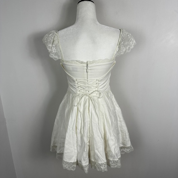 House of CB Kaia Ivory A-Neck Corset Mini Dress Back Lace Womens Sz Small Linen - Picture 5 of 16